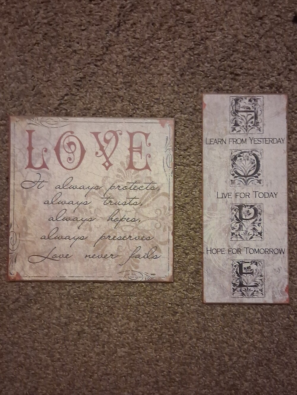 Wall Art Set — "LOVE" Script Plaque "HOPE" Pllaque in Cream & Dusty Rose. Metal